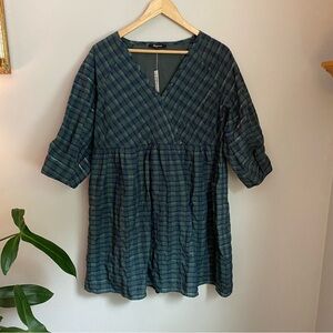 Madewell Marianna Puff Sleeve Blue and Green Plaid V-Neck Dress Size Medium​
